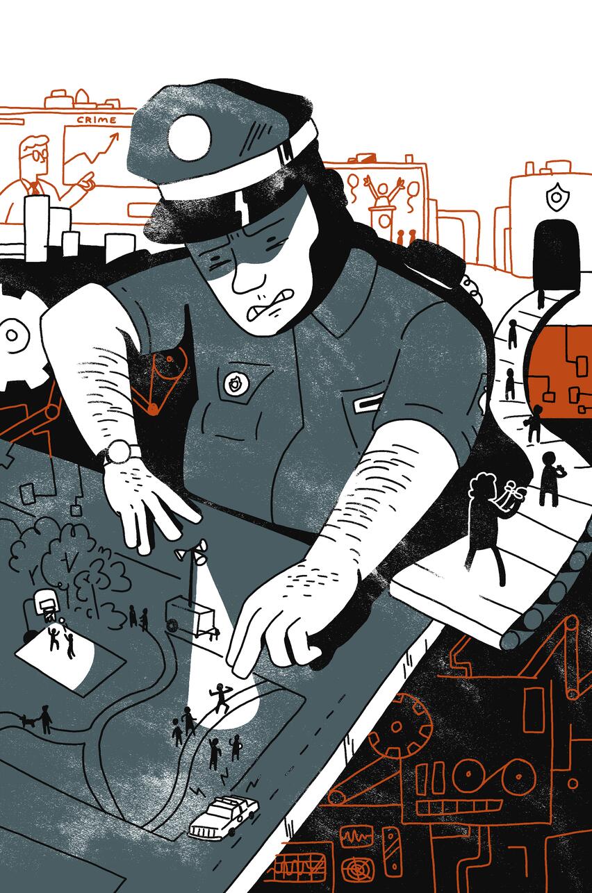 Illustration of a giant police officer looming over an evening scene in a city park. In the park, people are playing basketball, walking, and socializing. A police car with blaring sirens is visible at the outer edge of this scene. The giant officer is reaching for a person in the park who is spotlit by a mobile surveillance unit. To the right of the officer, a conveyor belt leading toward the open door of a police station is visible.