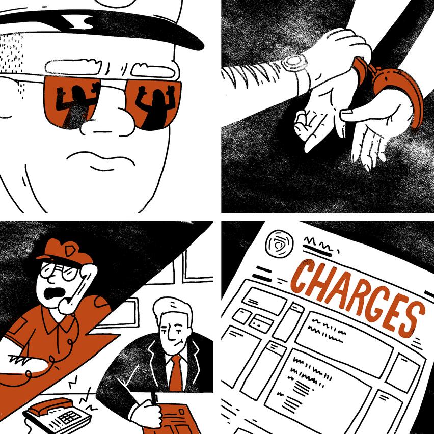 A four panel comic consisting of equal size square illustrations. In the top left panel, the stern face of a police officer occupies the full square. In the reflection of the officer’s sunglasses, an image of a person with their hands up is visible. In the top right panel, there is a closeup image of the officer putting handcuffs on this person’s hands. In the bottom left panel, there is a split screen image. On the left side of this split screen, the officer is making a phone call.