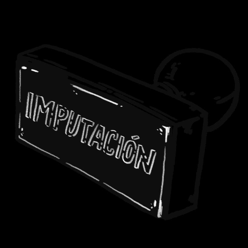 Ilustración de un sello de goma con la palabra “IMPUTACIÓN”.
