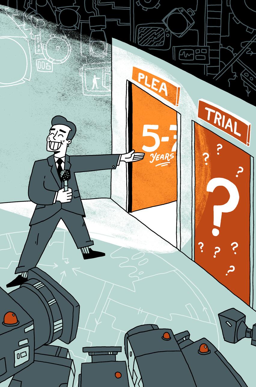 Illustration in which a prosecutor is performing as the host on the set of a television game show. To the right of the prosecutor, there are two doorways. The smiling prosecutor points toward an open door labeled “Plea” which reveals the words “Five to Seven Years”. The other door is labeled “Trial”. It is closed and decorated with question marks suggesting the unpredictable outcome of a trial. This image offers a visual metaphor for the influence a prosecutor has in pushing a defendant to take a plea.