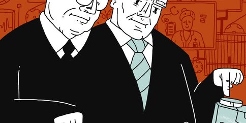 Illustration of an enormous two-headed character looming over a small person in the foreground of the image. The character has the head of a judge and the head of a prosecutor. Each of its index fingers are poised above buttons located to either side of the small person. These buttons appear to activate ankle shackles which hover near the person’s legs. This two-headed character offers a visual metaphor for the way judges and prosecutors work in tandem. 
