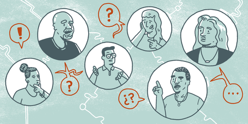 Several illustrated portraits of organizers are arranged to show a group asking questions about defunding courts. Each portrait is enclosed in a circle, and the portraits are connected by wires and speech bubbles.