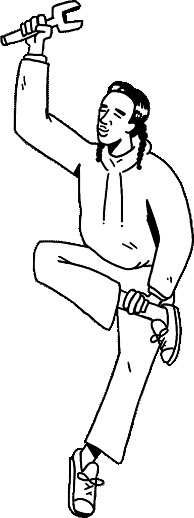 An illustration of an organizer sitting cross legged. They are holding up a wrench in solidarity with the movement to abolish and disassemble criminal courts.